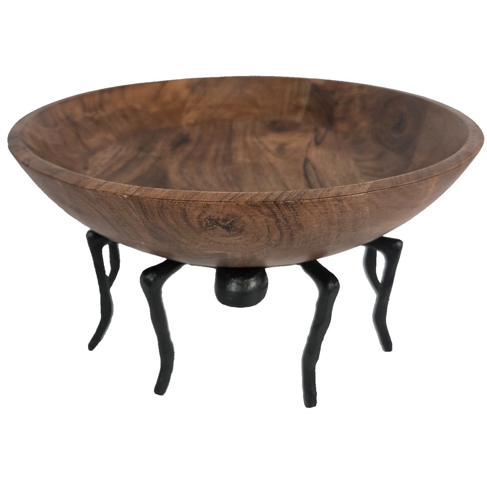 Halloween Spider Wood Bowl 11 Inch Black Metal Legs Gothic Serving Decor